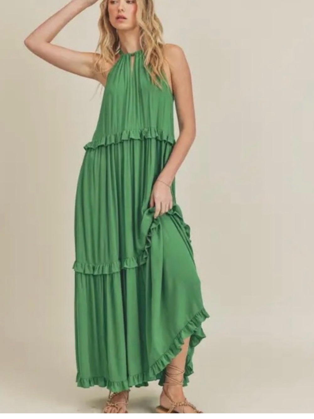 Lush Bottega Green Halter Ruffle-Tier Maxi Dress
